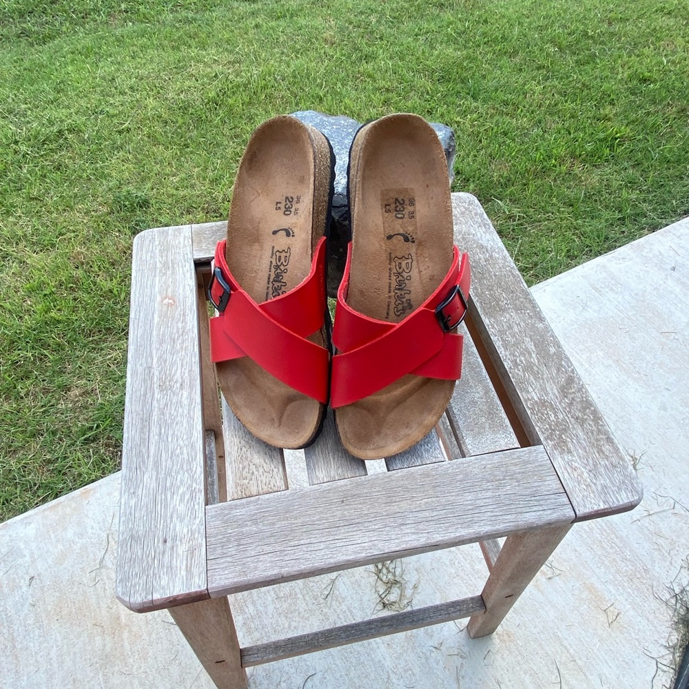 Birkenstock Birki’s Red Santosa 36 M5 red crossover wide strap leather slide